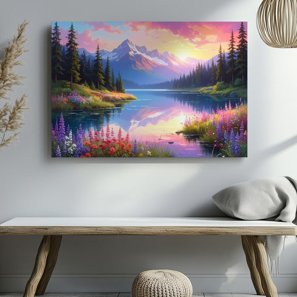 Twilight Mirror Lake Canvas – Fantasy Sunset Landscape with Pines, Wildflowers & Mountains - Gifitto