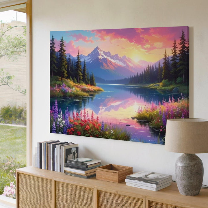 Twilight Mirror Lake Canvas – Fantasy Sunset Landscape with Pines, Wildflowers & Mountains - Gifitto
