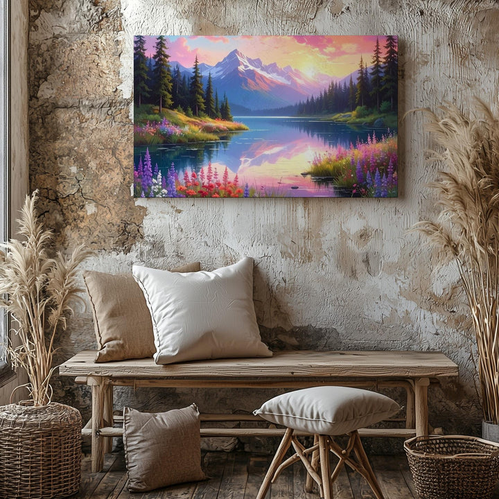 Twilight Mirror Lake Canvas – Fantasy Sunset Landscape with Pines, Wildflowers & Mountains - Gifitto