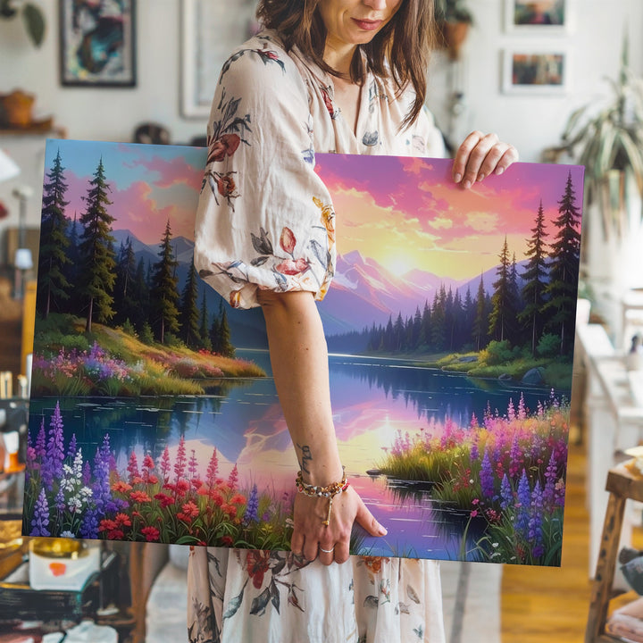 Twilight Mirror Lake Canvas – Fantasy Sunset Landscape with Pines, Wildflowers & Mountains - Gifitto