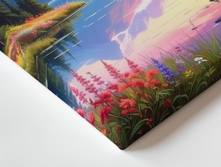 Twilight Mirror Lake Canvas – Fantasy Sunset Landscape with Pines, Wildflowers & Mountains - Gifitto
