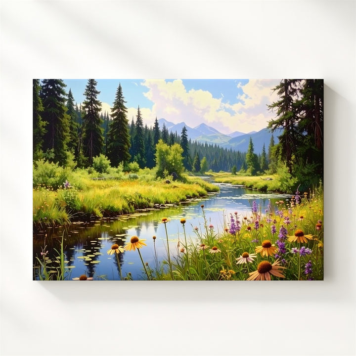 Forest Stream Harmony Canvas – Serene Nature Scene with Wildflowers, Pines & Reflections - Gifitto