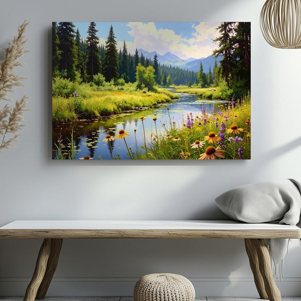 Forest Stream Harmony Canvas – Serene Nature Scene with Wildflowers, Pines & Reflections - Gifitto