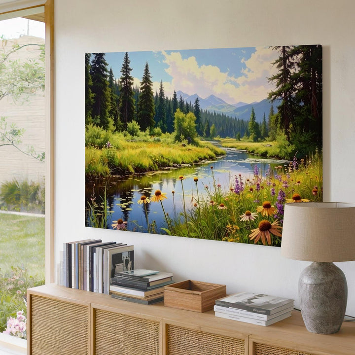 Forest Stream Harmony Canvas – Serene Nature Scene with Wildflowers, Pines & Reflections - Gifitto