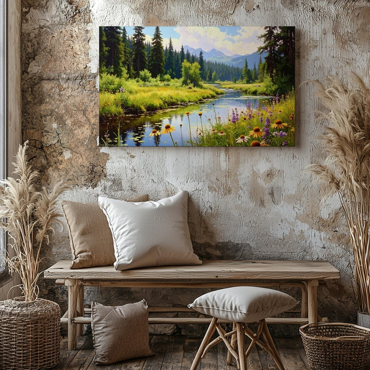 Forest Stream Harmony Canvas – Serene Nature Scene with Wildflowers, Pines & Reflections - Gifitto