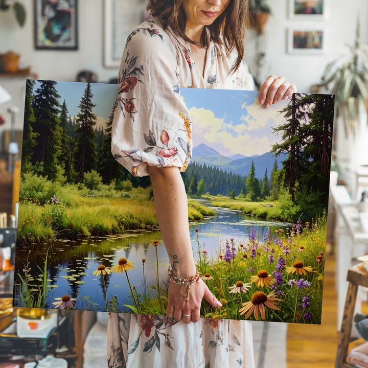 Forest Stream Harmony Canvas – Serene Nature Scene with Wildflowers, Pines & Reflections - Gifitto