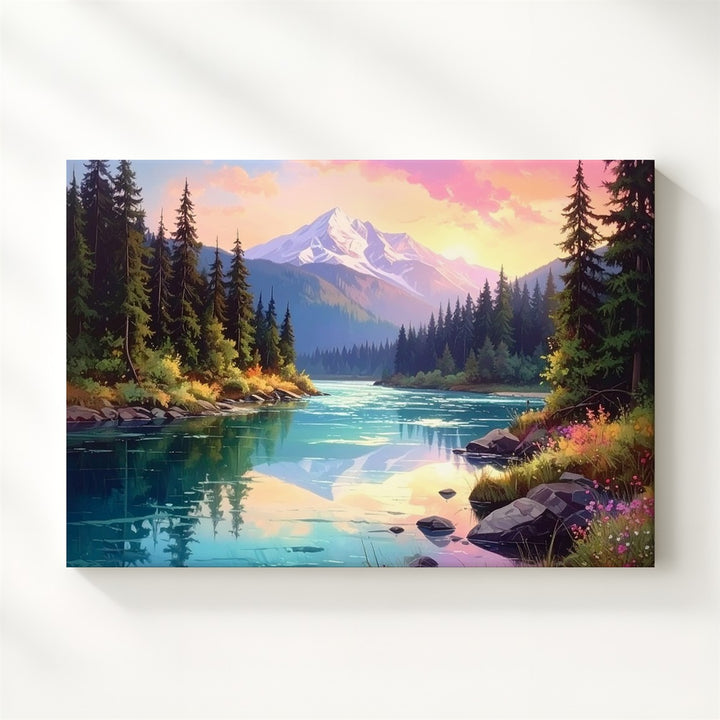 Golden Hour Alpine Wilderness Canvas – Pastel Mountain & Forest River Scene - Gifitto
