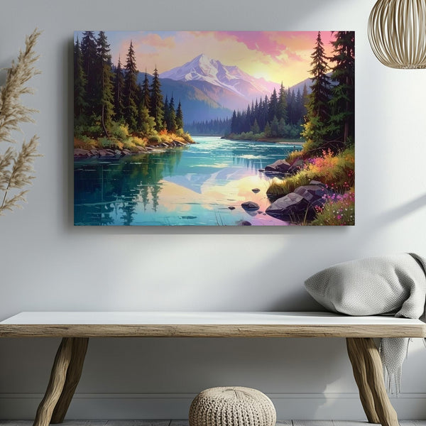 Golden Hour Alpine Wilderness Canvas – Pastel Mountain & Forest River Scene - Gifitto