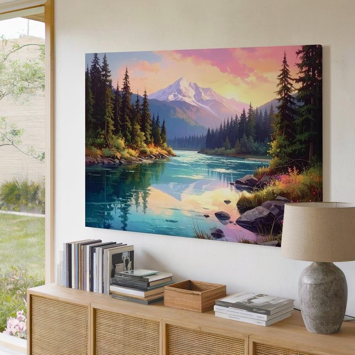 Golden Hour Alpine Wilderness Canvas – Pastel Mountain & Forest River Scene - Gifitto