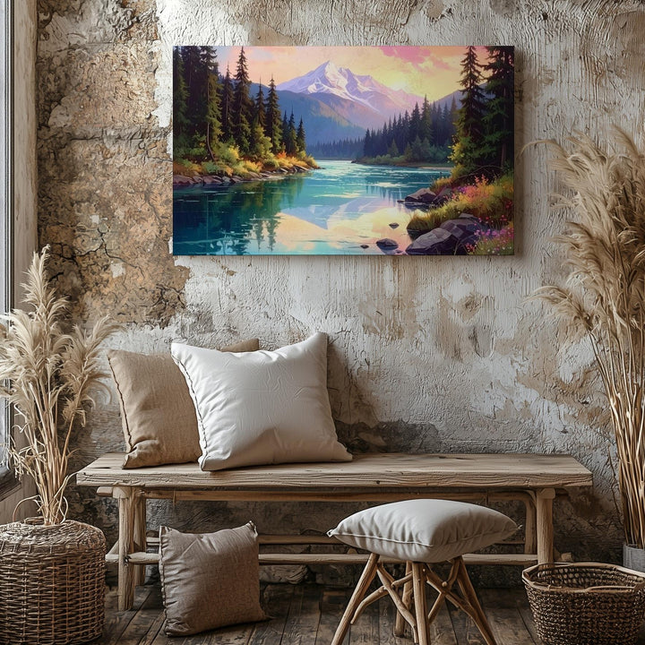 Golden Hour Alpine Wilderness Canvas – Pastel Mountain & Forest River Scene - Gifitto