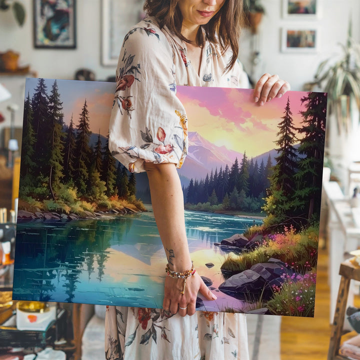 Golden Hour Alpine Wilderness Canvas – Pastel Mountain & Forest River Scene - Gifitto