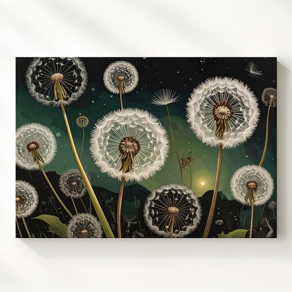 Glowing Dandelions Under Starlight – Cosmic Botanical Canvas Wall Art - Gifitto