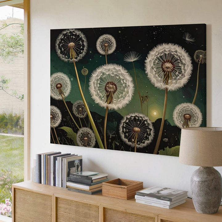 Glowing Dandelions Under Starlight – Cosmic Botanical Canvas Wall Art - Gifitto