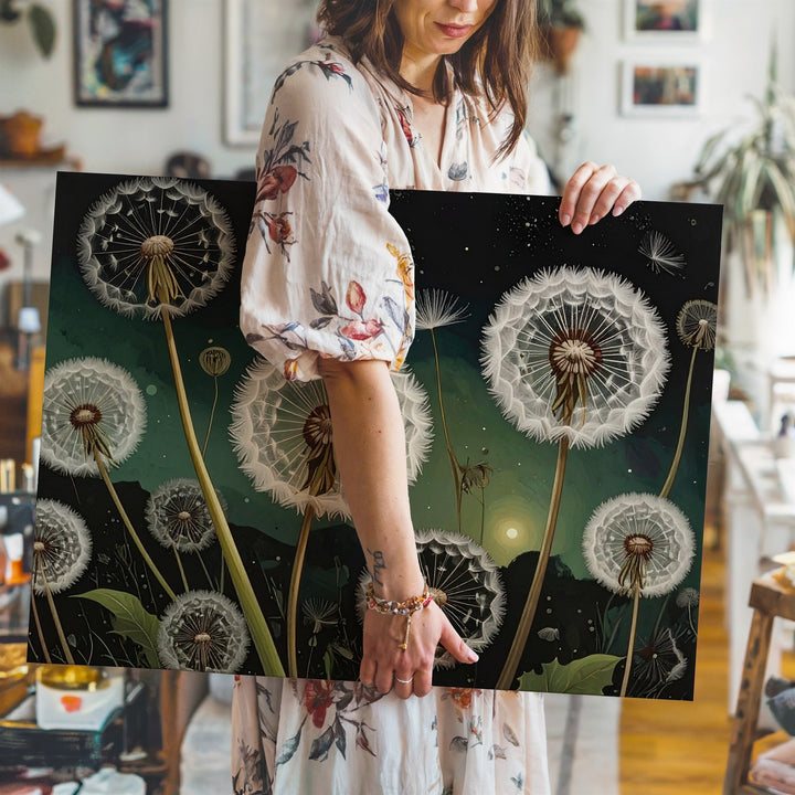 Glowing Dandelions Under Starlight – Cosmic Botanical Canvas Wall Art - Gifitto