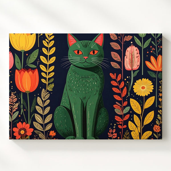 Whimsical Green Cat Botanical Canvas – Scandinavian Folk Art Wall Decor - Gifitto