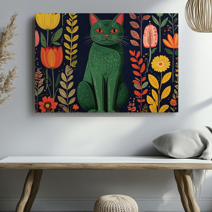 Whimsical Green Cat Botanical Canvas – Scandinavian Folk Art Wall Decor - Gifitto
