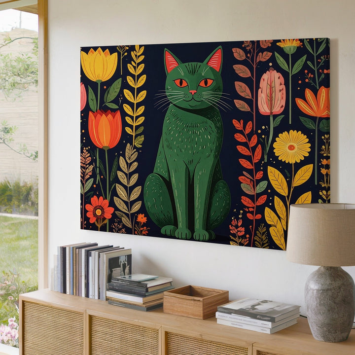 Whimsical Green Cat Botanical Canvas – Scandinavian Folk Art Wall Decor - Gifitto