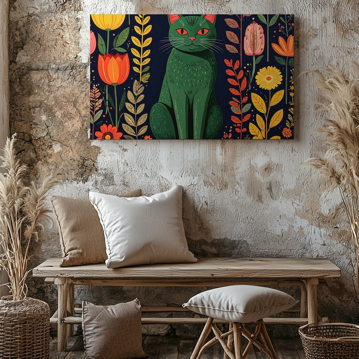 Whimsical Green Cat Botanical Canvas – Scandinavian Folk Art Wall Decor - Gifitto