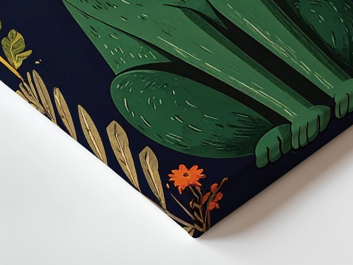 Whimsical Green Cat Botanical Canvas – Scandinavian Folk Art Wall Decor - Gifitto
