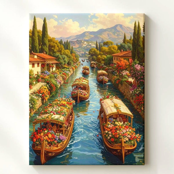 Romantic Canal Scene Canvas – Floral Boats and Serene European Countryside - Gifitto