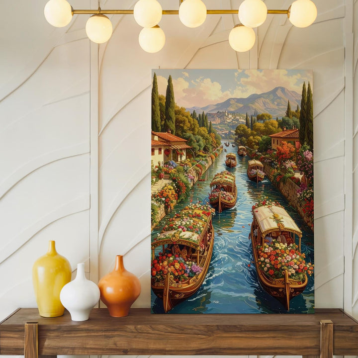 Romantic Canal Scene Canvas – Floral Boats and Serene European Countryside - Gifitto