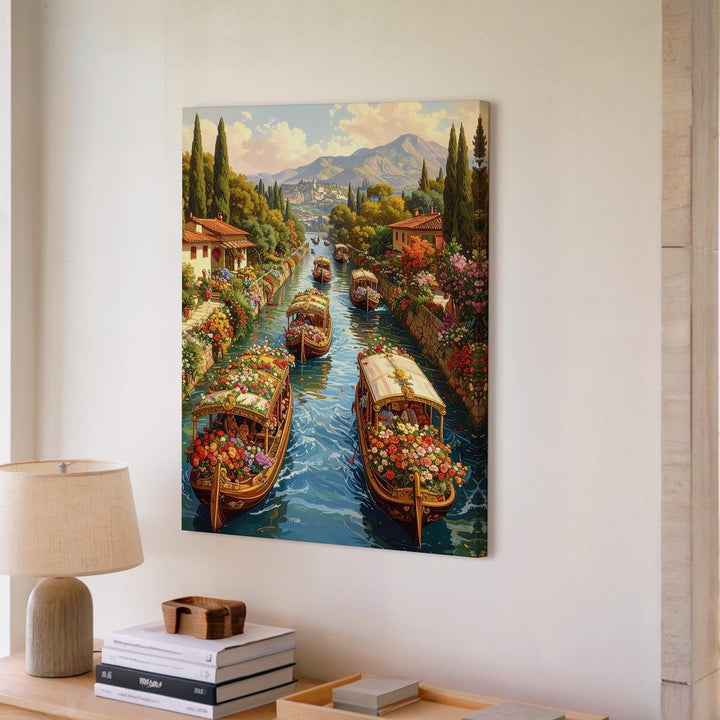 Romantic Canal Scene Canvas – Floral Boats and Serene European Countryside - Gifitto