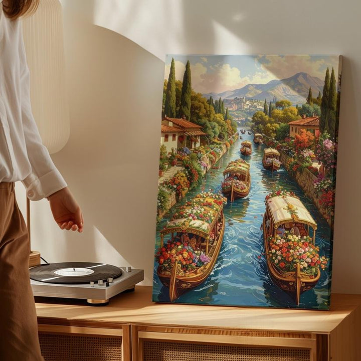 Romantic Canal Scene Canvas – Floral Boats and Serene European Countryside - Gifitto