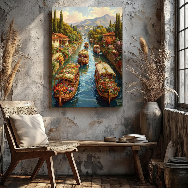 Romantic Canal Scene Canvas – Floral Boats and Serene European Countryside - Gifitto
