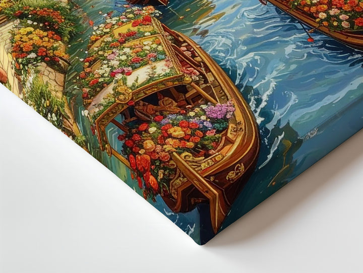 Romantic Canal Scene Canvas – Floral Boats and Serene European Countryside - Gifitto