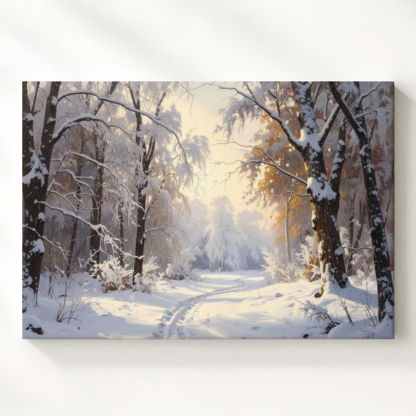 Golden Light Winter Forest Canvas – Serene Snowy Path Wall Art - Gifitto
