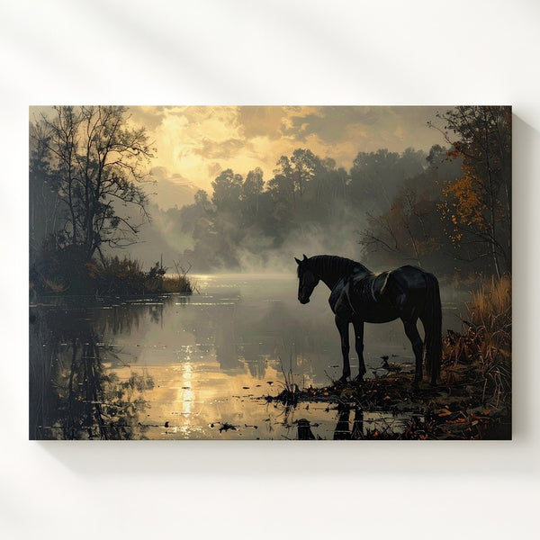 Twilight Horse Canvas – Solitary Black Horse on a Tranquil Lake - Gifitto