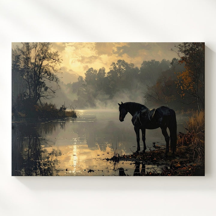 Twilight Horse Canvas – Solitary Black Horse on a Tranquil Lake - Gifitto