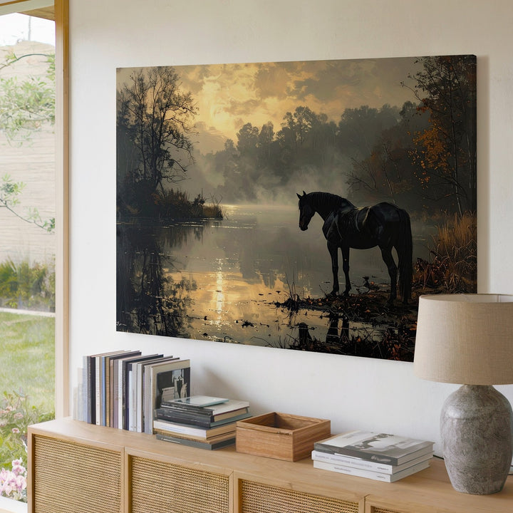 Twilight Horse Canvas – Solitary Black Horse on a Tranquil Lake - Gifitto