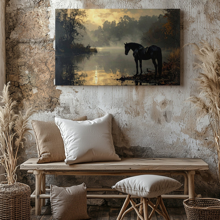 Twilight Horse Canvas – Solitary Black Horse on a Tranquil Lake - Gifitto