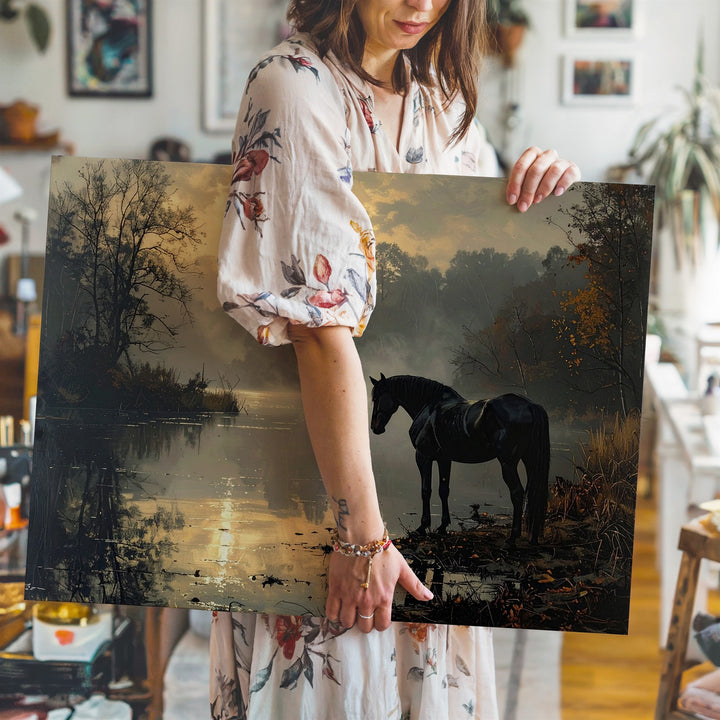 Twilight Horse Canvas – Solitary Black Horse on a Tranquil Lake - Gifitto