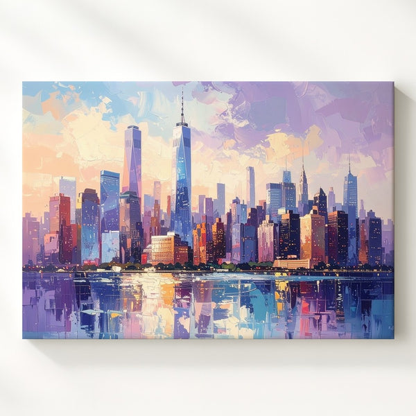 Dreamy City Reflections Canvas – Soft Pastel Urban Skyline Art