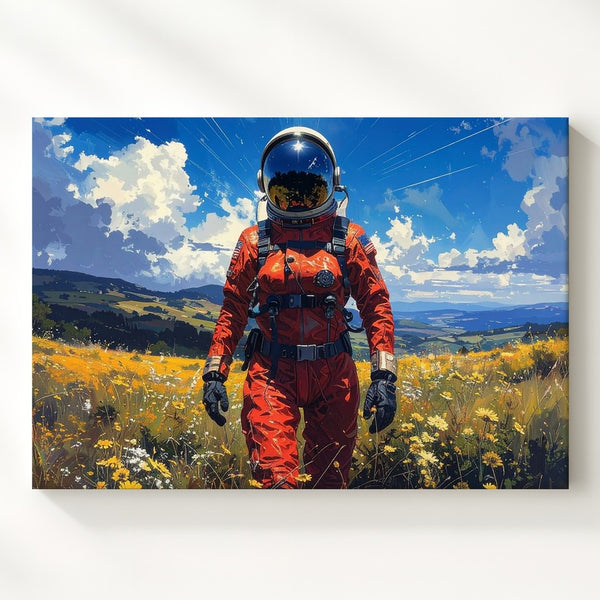 Surreal Astronaut in Flower Field Canvas – Futuristic Nature Wall Art - Gifitto