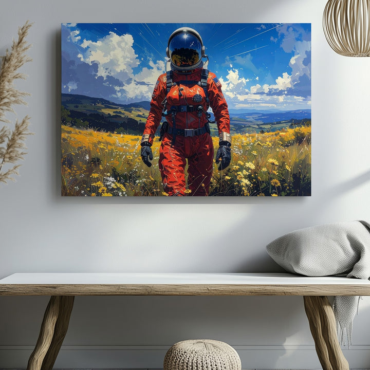 Surreal Astronaut in Flower Field Canvas – Futuristic Nature Wall Art - Gifitto
