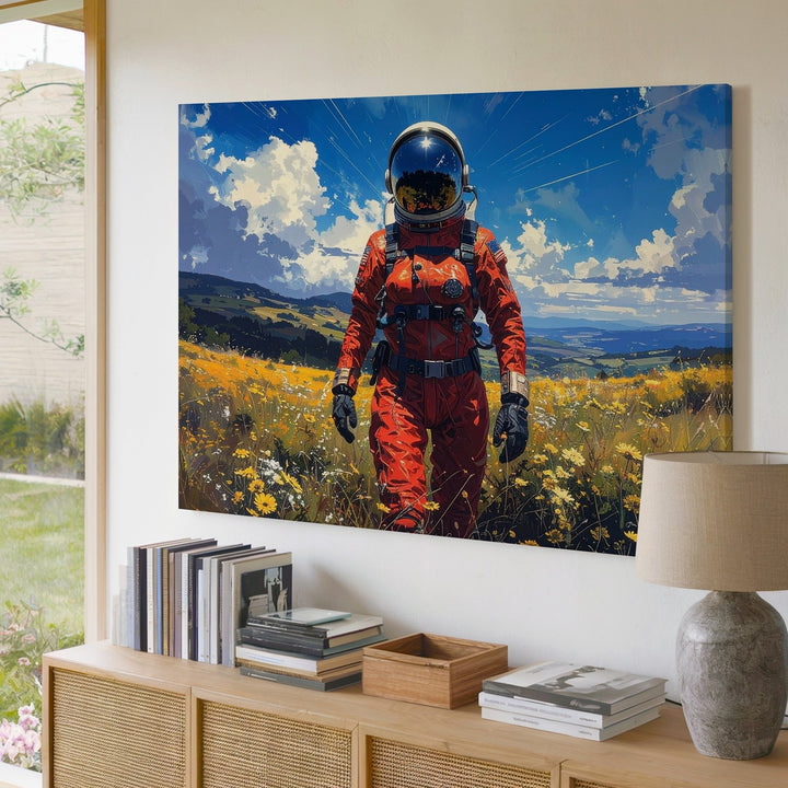 Surreal Astronaut in Flower Field Canvas – Futuristic Nature Wall Art - Gifitto