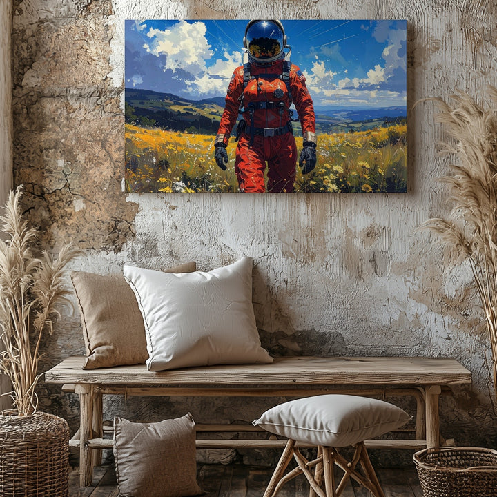 Surreal Astronaut in Flower Field Canvas – Futuristic Nature Wall Art - Gifitto