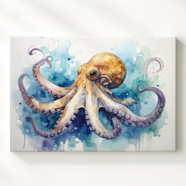 Golden Octopus Watercolor Canvas – Flowing Tentacles Marine Wall Art
