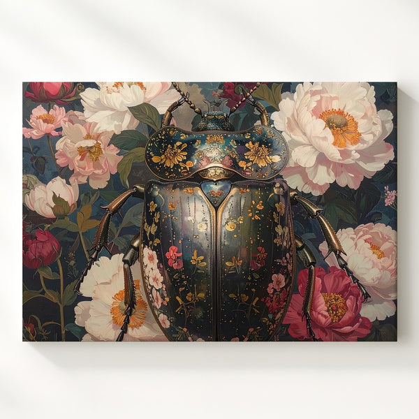 Baroque Beetle & Floral Dreamscape – Surreal Jeweled Insect Canvas Art - Gifitto