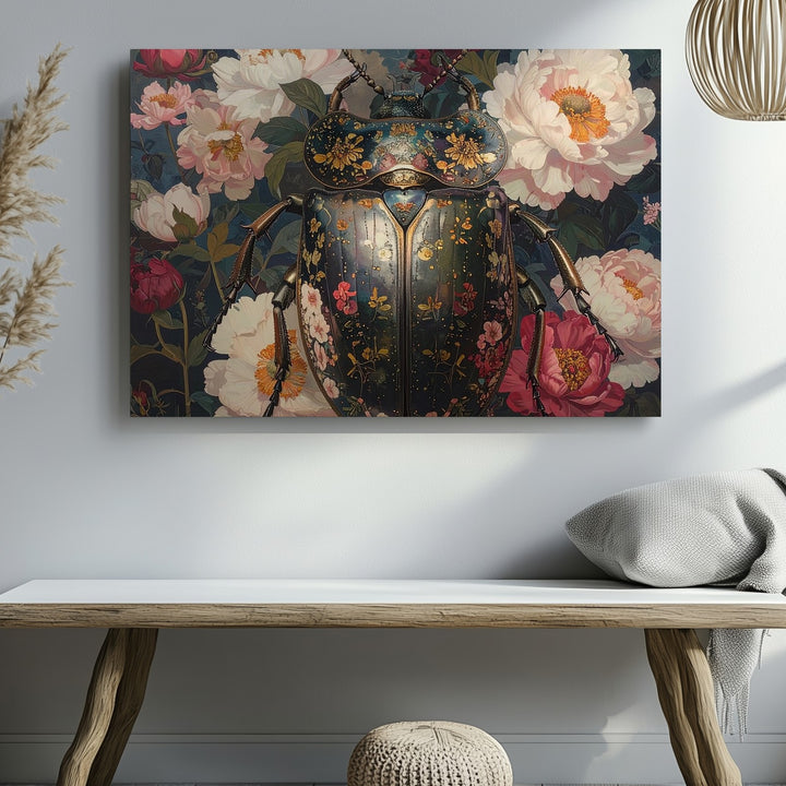 Baroque Beetle & Floral Dreamscape – Surreal Jeweled Insect Canvas Art - Gifitto