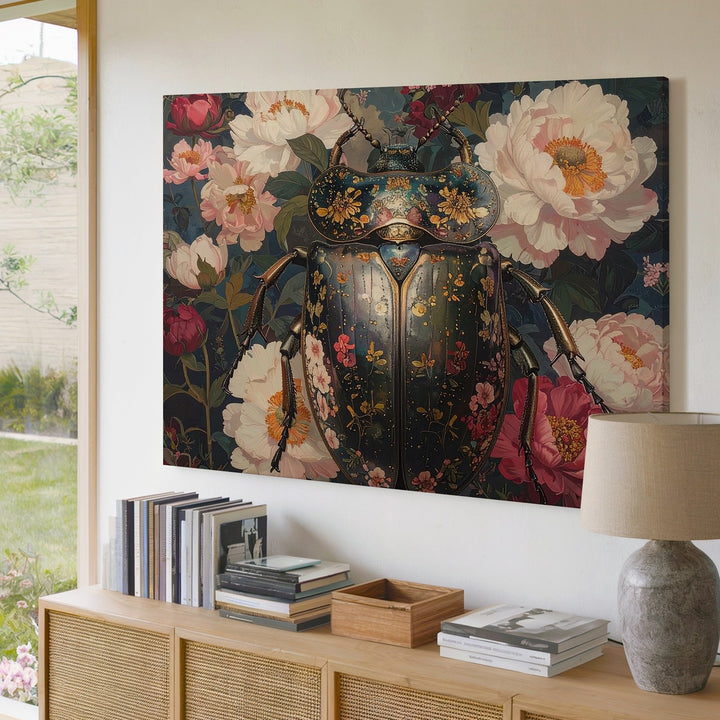 Baroque Beetle & Floral Dreamscape – Surreal Jeweled Insect Canvas Art - Gifitto