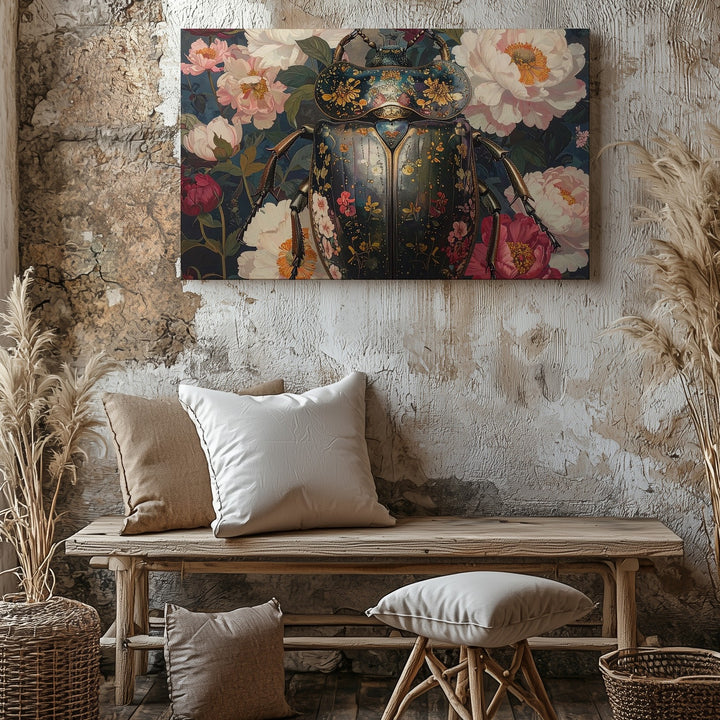 Baroque Beetle & Floral Dreamscape – Surreal Jeweled Insect Canvas Art - Gifitto