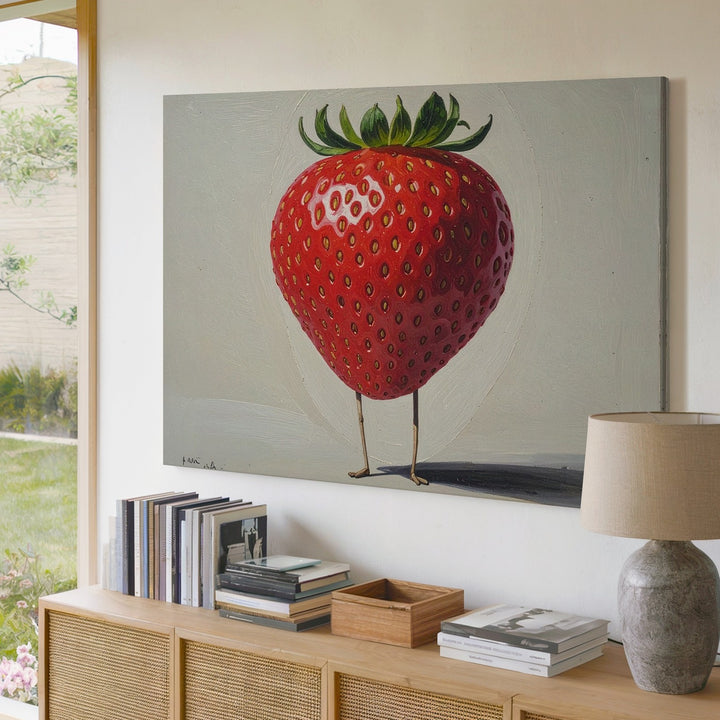 Whimsical Strawberry Character Canvas – Minimalist Funny Fruit Wall Art - Gifitto