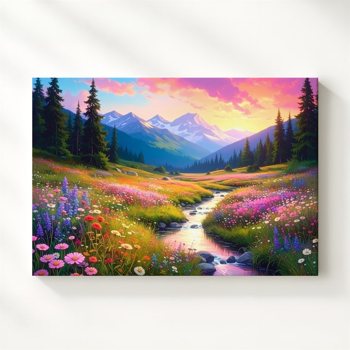 Alpine Meadow Glow Canvas – Golden Hour Stream & Wildflower Valley Art - Gifitto