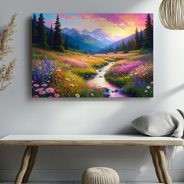 Alpine Meadow Glow Canvas – Golden Hour Stream & Wildflower Valley Art - Gifitto
