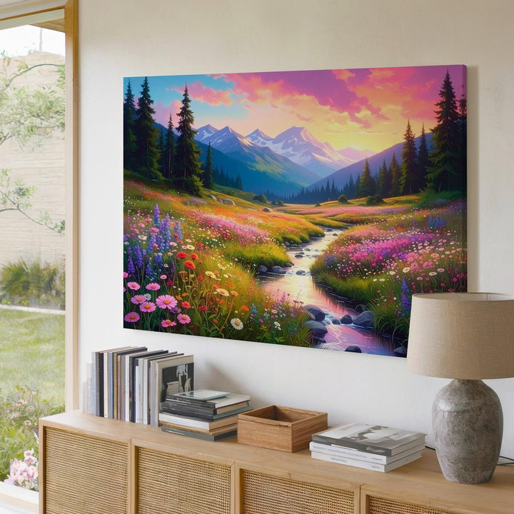 Alpine Meadow Glow Canvas – Golden Hour Stream & Wildflower Valley Art - Gifitto