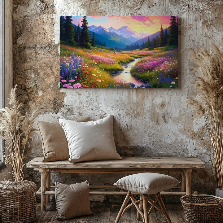 Alpine Meadow Glow Canvas – Golden Hour Stream & Wildflower Valley Art - Gifitto
